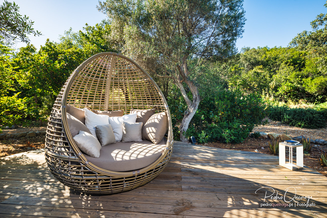 Cadeira suspensa em rattan com almofadas bege sobre deck de madeira, rodeada por vegetação e oliveira sob céu azul