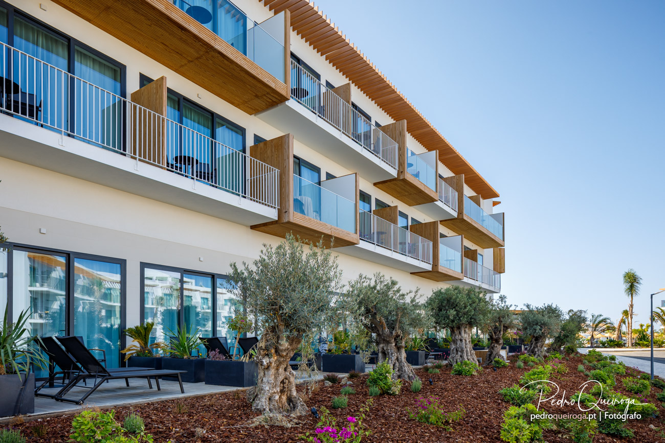 Fachada moderna de edifício residencial com varandas em madeira, jardim mediterrânico com oliveiras e espreguiçadeiras