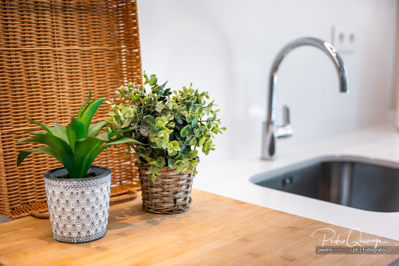 Cozinha moderna com plantas decorativas e torneira cromada, ideal para fotografia imobiliária de qualidade