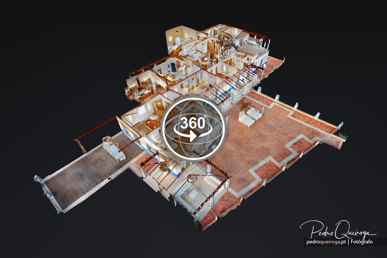 Visão exterior do modelo vetorial 3D interativo da Casa da Música num fundo escuro