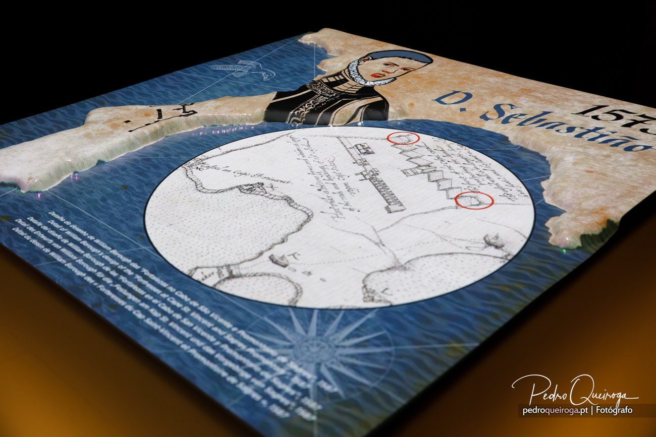 Painel informativo antigo com mapa náutico, ilustração de figura histórica e rosa dos ventos sobre fundo azul