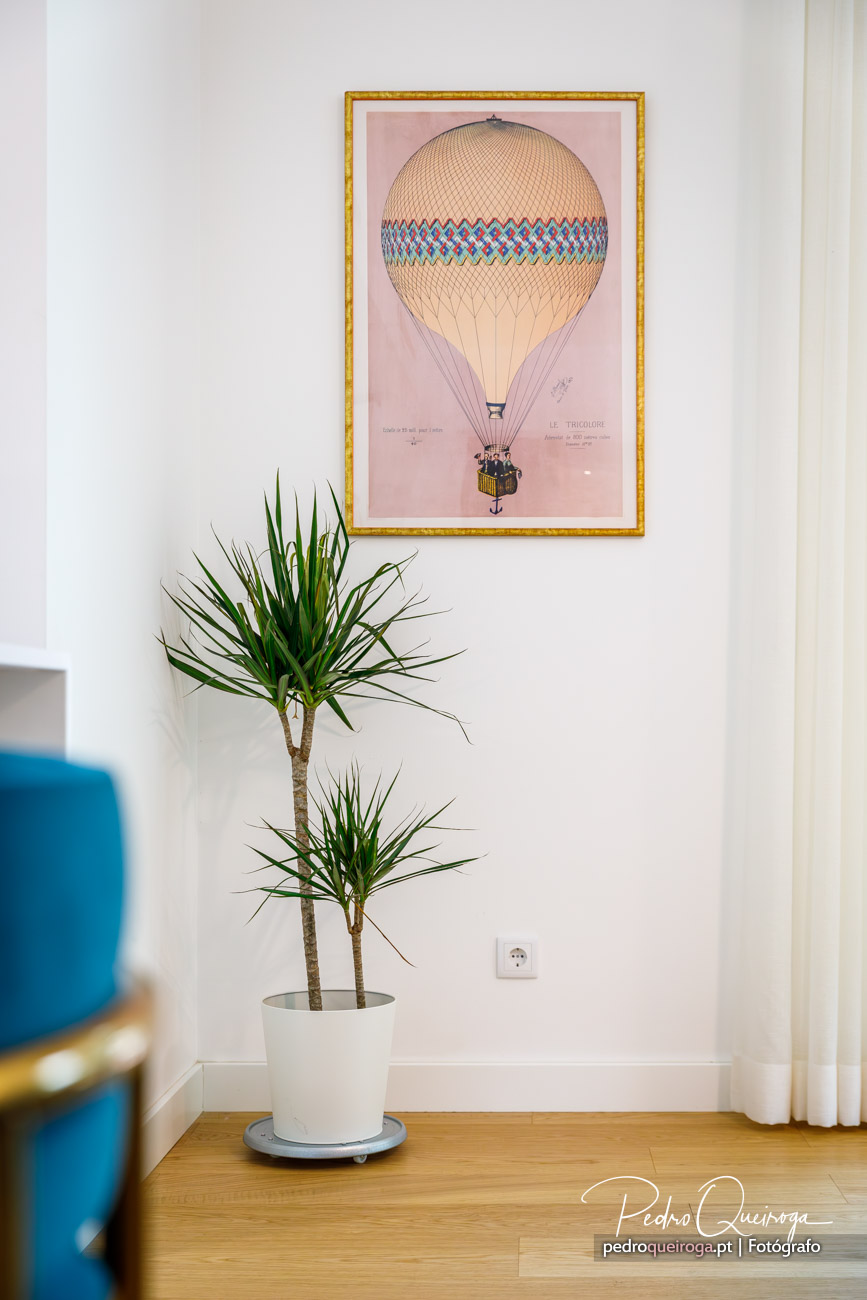 pormenor da decoração, com um quadro na parede e um vaso com uma planta