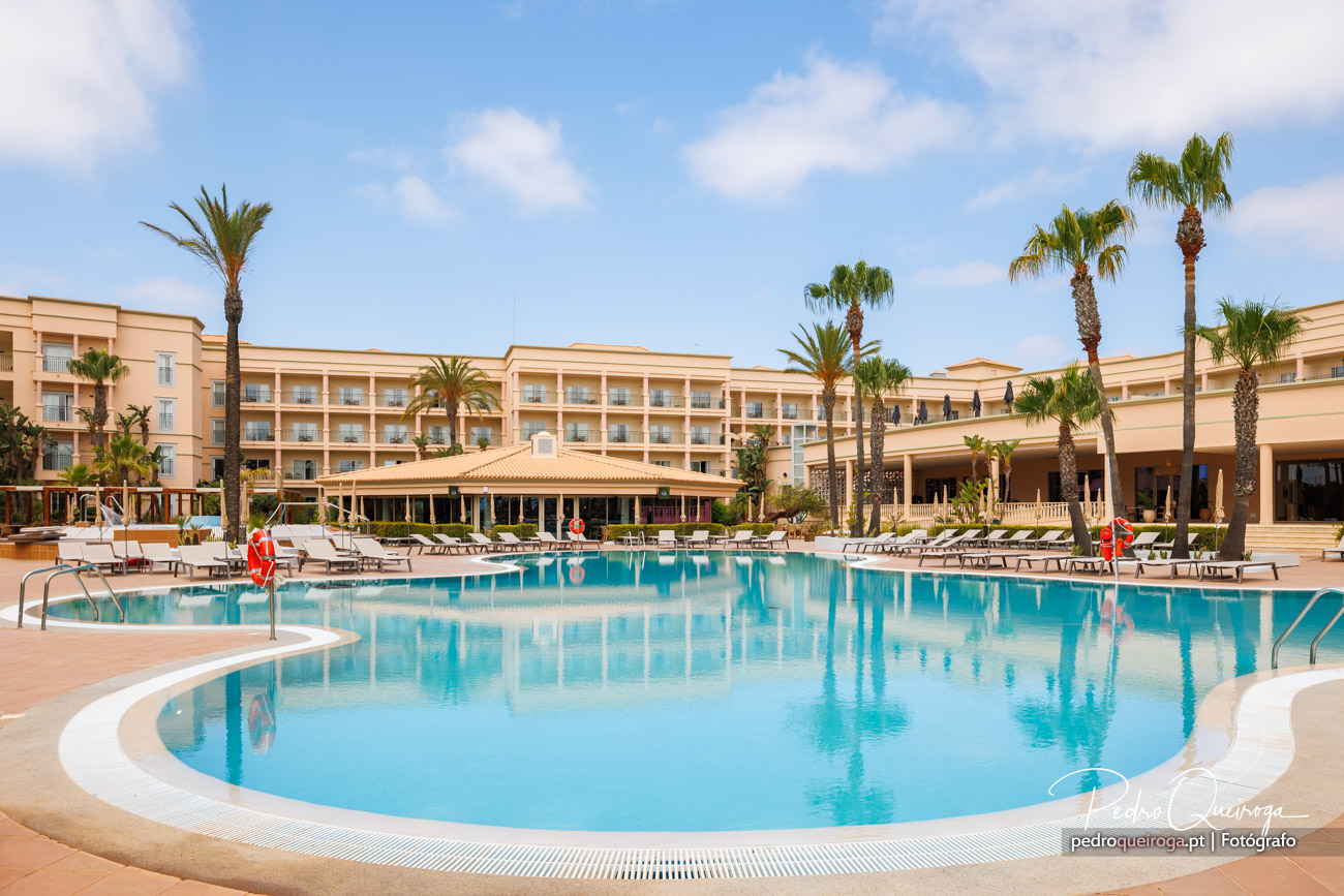 Piscina exterior com palmeiras